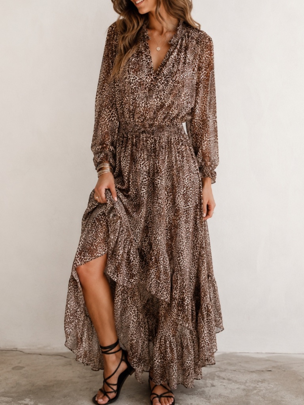 1.STATE Leopard Print High-Low Midi Dress Brown Chiffon Size S NWOT